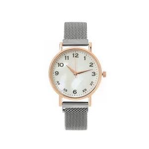 Minimalist quartz watch with rose gold case, white dial and grey mesh magnetic steel band