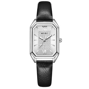 Vintage octagonal silver watch for women with black leather strap and Roman numerals