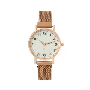Elegant rose gold quartz watch with Milanese mesh strap and white Arabic numeral dial