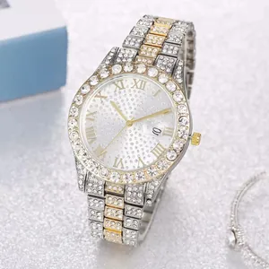 Luxurious gold-tone women's quartz watch with full crystal inlay and Roman numeral dial