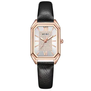 Vintage rose gold octagonal quartz watch with black leather strap and rhinestone dial