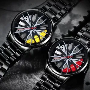 Men's black steel racing wheel hub quartz watch with red and yellow brake calipers