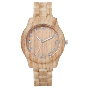 Montre en bois style bambou avec chiffres arabes argentés et bracelet à grain de bois