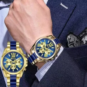 Men's business quartz watch with blue and gold metal strap and large roman numerals
