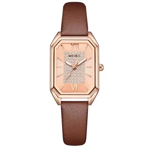 Vintage women's watch with rose gold octagonal case, crystal dial and brown leather strap