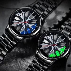 Detailed macro view of 3D car wheel hub dial and brake caliper design on black steel watches