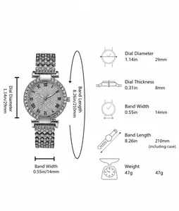 Detaillierte Größenparameter für silberne Strass-Damenuhr mit 29mm Zifferblatt und Stahlband