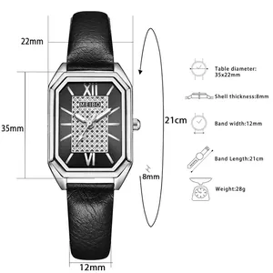 Elegant vintage women's watch with black leather strap and Roman numeral dial with dimensions