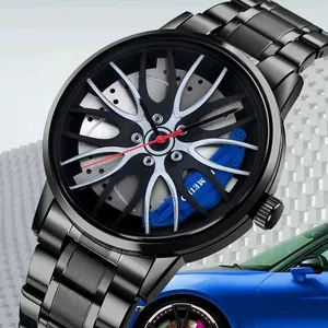 Detail of racing wheel watch face featuring a blue brake caliper and black steel strap