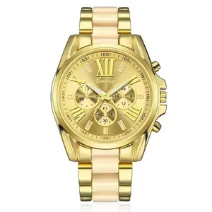 Classic Geneva men's quartz watch with gold metal links and decorative sub-dials