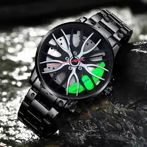 Detail of racing wheel hub watch dial with green brake caliper on dark wet rock