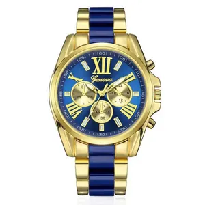 Detailed front view of gold steel watch with blue dial and Geneva branding