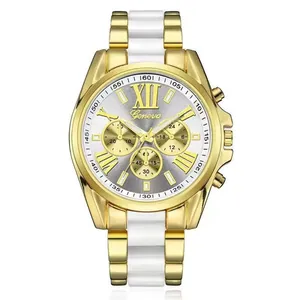 Fashion Geneva quartz watch for men with gold steel band and three-eye dial design