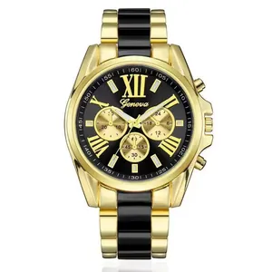 Detailed close-up of Geneva gold steel watch with black dial and triple subdials