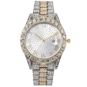 Luxury gold and silver women's watch with full crystal bezel and Roman numeral dial
