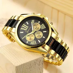 Detailed close-up of Geneva gold steel watch featuring black dial and Roman numerals