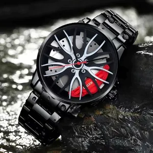 Macro shot of 3D racing wheel hub watch dial with red brake caliper on wet black rock