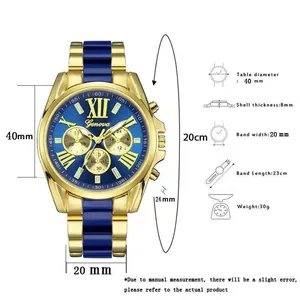 Detail view of 40mm men's quartz watch with gold and blue metal strap and dimensions