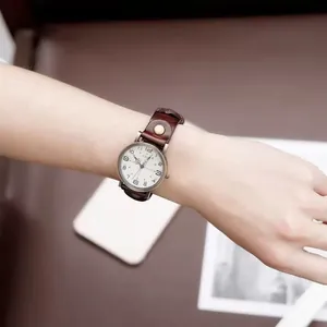 Vintage Women's Quartz Watch With Faux Leather Rivet Strap Round Alloy Case Arabic Numerals Analog Casual Wristwatch Jewelry