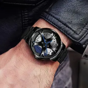 Schwarze Metallarmbanduhr für Herren mit Felgendesign-Zifferblatt und blauen Details