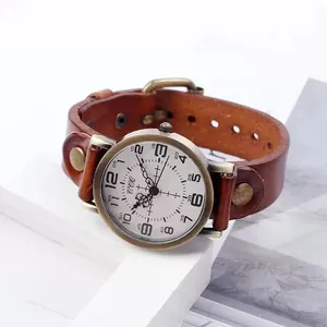 Retro quartz watch with brown leather strap and large Arabic numerals in vintage style
