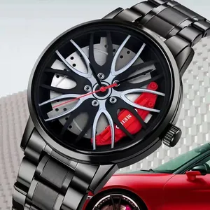 Detailed close-up of 3D racing car hub watch with black steel strap and red brake caliper