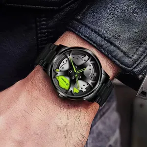 Herren-Quarzuhr mit Autofelgen-Design, matt schwarzem Metallband und grüner Bremszange