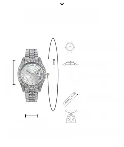 Detailed size chart for silver rhinestone luxury watch with 48mm dial and roman numerals