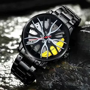 Macro shot of car wheel hub watch face with yellow brake caliper detail on dark rock