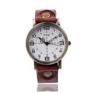 Retro quartz watch with bronze metal case, white Arabic dial and brown leather strap