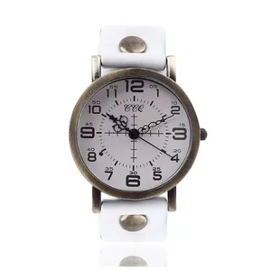 Retro quartz watch with white leather strap, bronze metal case, and Arabic numerals