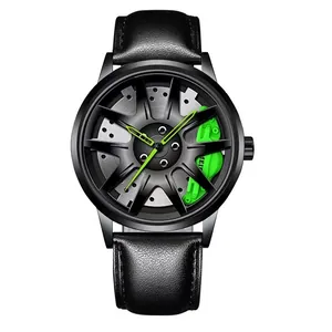 Men's Fashion Racing Wheel Hub Watch 3D Brake Caliper Rim Dial Quartz Wristwatch Alloy Case Leather Stainless Steel Band