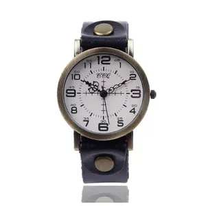 Vintage bronze quartz watch with black leather strap and bold Arabic numerals dial