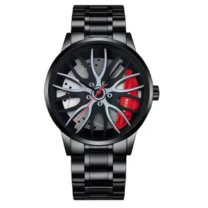 Detailed close-up of car wheel rim watch face with a striking red brake caliper accent