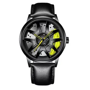 Men's car wheel rim watch with black dial and yellow brake caliper on leather strap