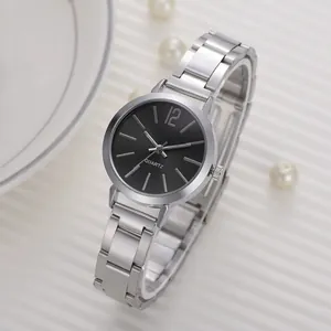 Elegant women's quartz watch with silver steel strap and black dial on white background