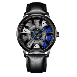 Macro detail of men's watch featuring 3D car rim dial with blue calipers and leather strap