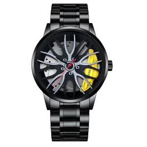Men's sports quartz watch featuring black steel band and creative car wheel rim dial