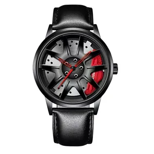 Men's sports watch with 3D car wheel hub dial design and black leather strap