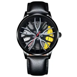 Detail view of racing wheel rim watch face with yellow brake caliper and red second hand