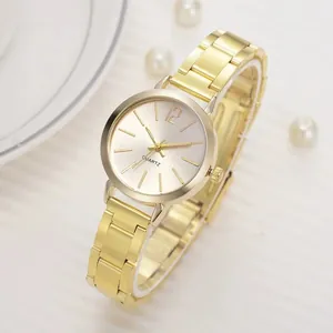 Elegant gold quartz watch for women featuring a slim metal strap and minimalist dial