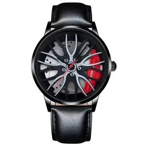 Macro detail of racing wheel hub watch face with red brake caliper and leather strap