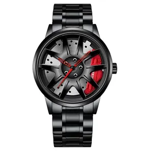 Men's black sport watch with car wheel rim dial design and red brake caliper details