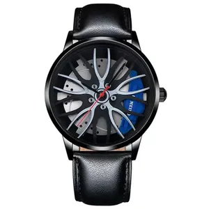 Close-up of sporty quartz watch dial featuring a car rim design with blue brake calipers
