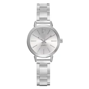 Minimalist silver stainless steel quartz watch with slim metal strap on white background