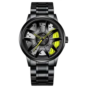 Men's black sport watch featuring a unique racing car wheel hub dial and steel band