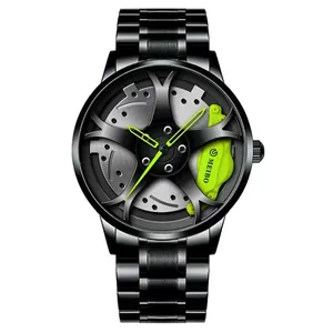 Herren Quarz Uhr mit schwarzem Edelstahlarmband und kreativem 3D-Autofelgen Zifferblatt