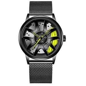 Macro detail of 3D car wheel rim watch dial with yellow caliper and black mesh strap