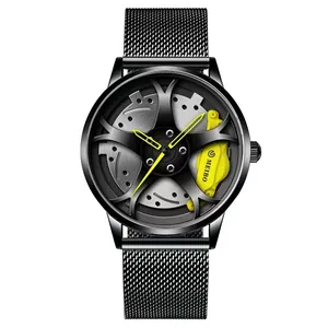 Herren Quarzarmbanduhr mit schwarzem Edelstahl-Mesh-Armband und gelbem Autofelgen-Zifferblatt