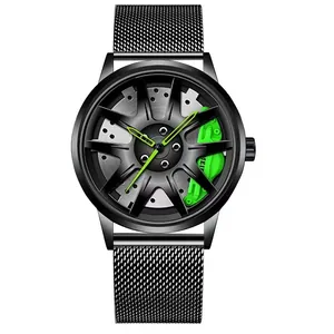 Detail of black men's sport watch with 3D car wheel hub dial and Milanese mesh steel strap